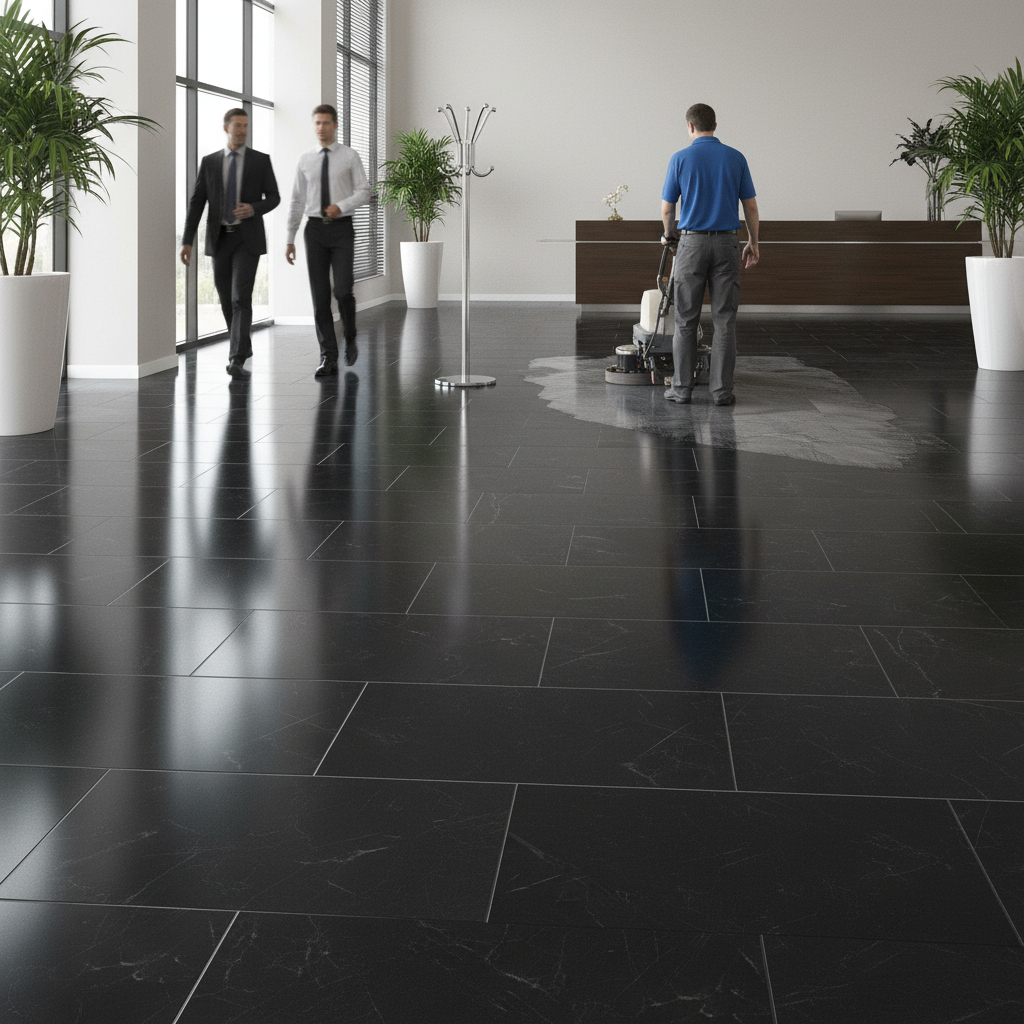 Premium Rigid Core Vinyl Flooring - Black Gloss Marble Finish with Stone Embossed Texture and Durable UV Coating