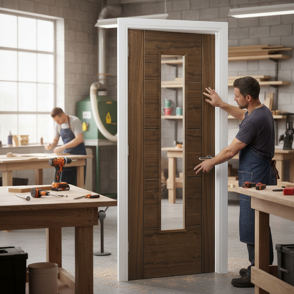 Premium Walnut Internal Door with Clear Glazed Panel and Solid Core Construction for Contemporary Homes