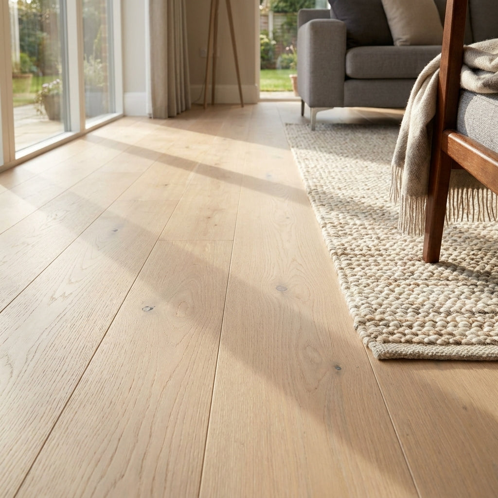 14mm Light Brushed Engineered Real Wood Flooring in New White Oak - detail view