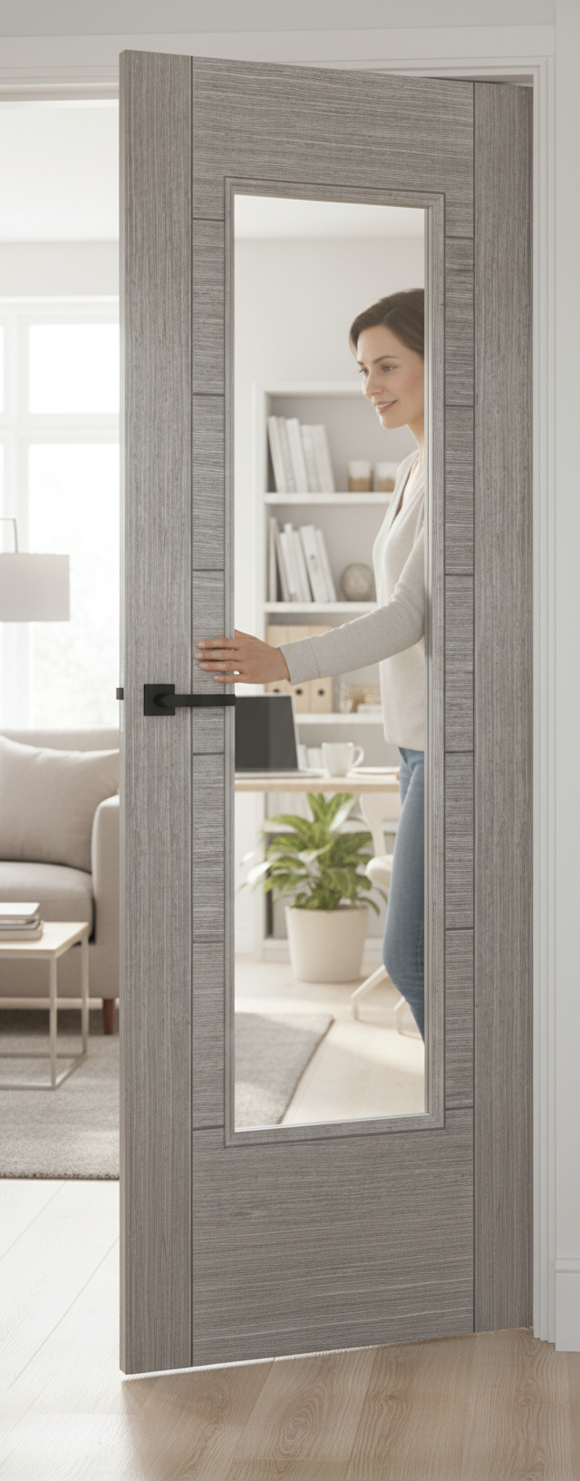Premium Light Grey Internal Door with Clear Glass Panel - Engineered Construction for Strength and Stability