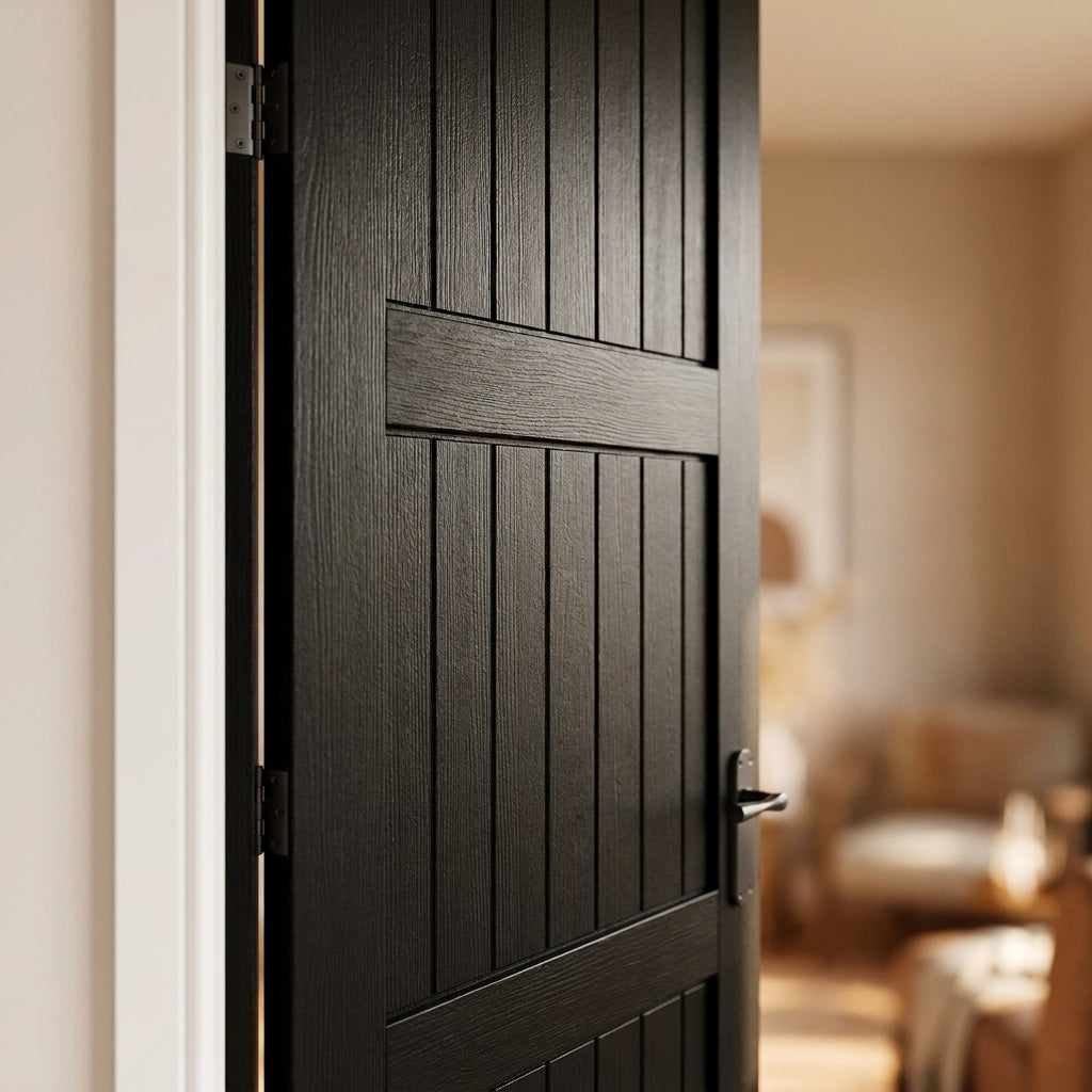 Internal Black Bi-Fold Door, Fully Finished, 3 Panel Design, Softwood Core - detail view