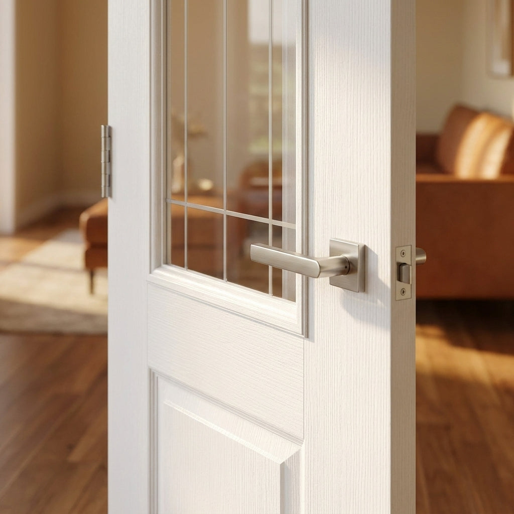 FD30 Rated White Internal Primed Cottage Fire Door with 1 Light Clear Glass - detail view