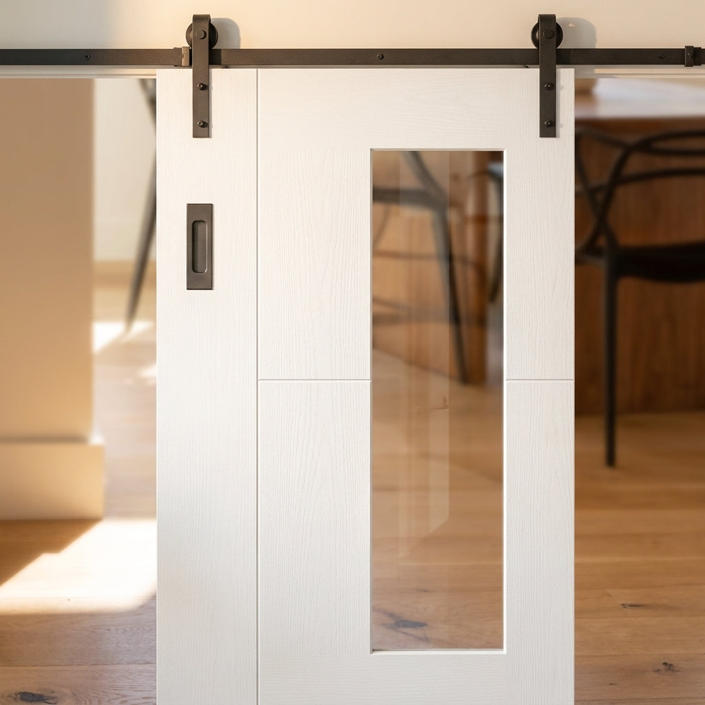 Internal Pocket Door Set with White Primed Finish, 1 Light Clear Glass Panel - detail view