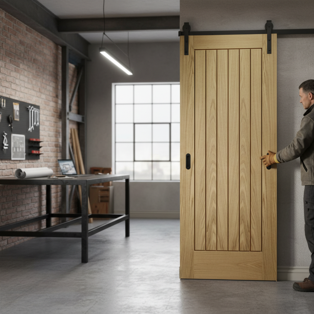 Premium Face Mounted Sliding Door Set for Wooden Doors up to 100kg with Rustic Steel Straps and Multiple Finish Options