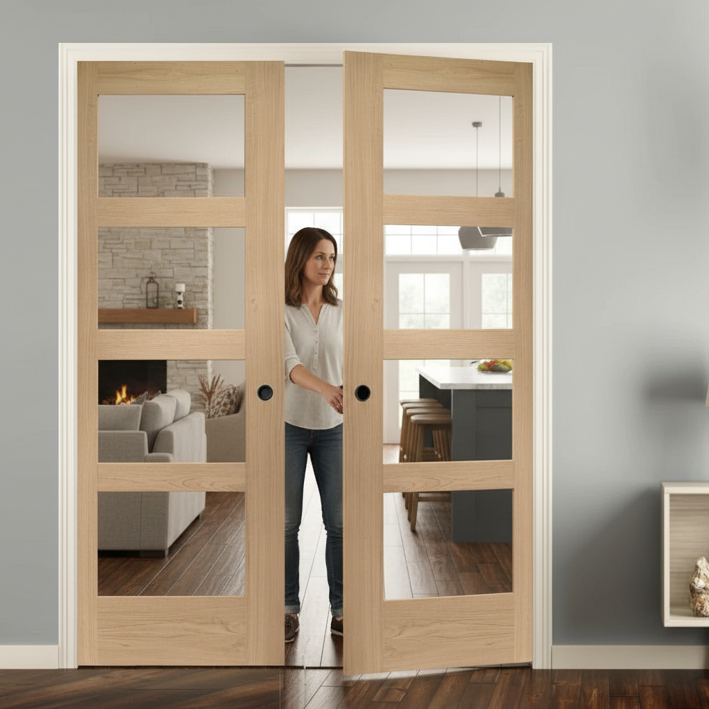 Premium Double Fire Rated Pocket Door Set with Clear Glazed Oak Doors, Heavy Duty Steel Frame, and Comprehensive Installation Kit
