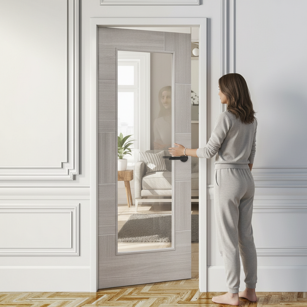 Premium White Grey Laminate Door with Clear Glass Panel - Durable and Low Maintenance Design for Optimal Sunlight