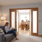 Premium Frosted Glazed Bifold Doorset with Oak Pattern Design - Top-Hung System for Enhanced Privacy and Style