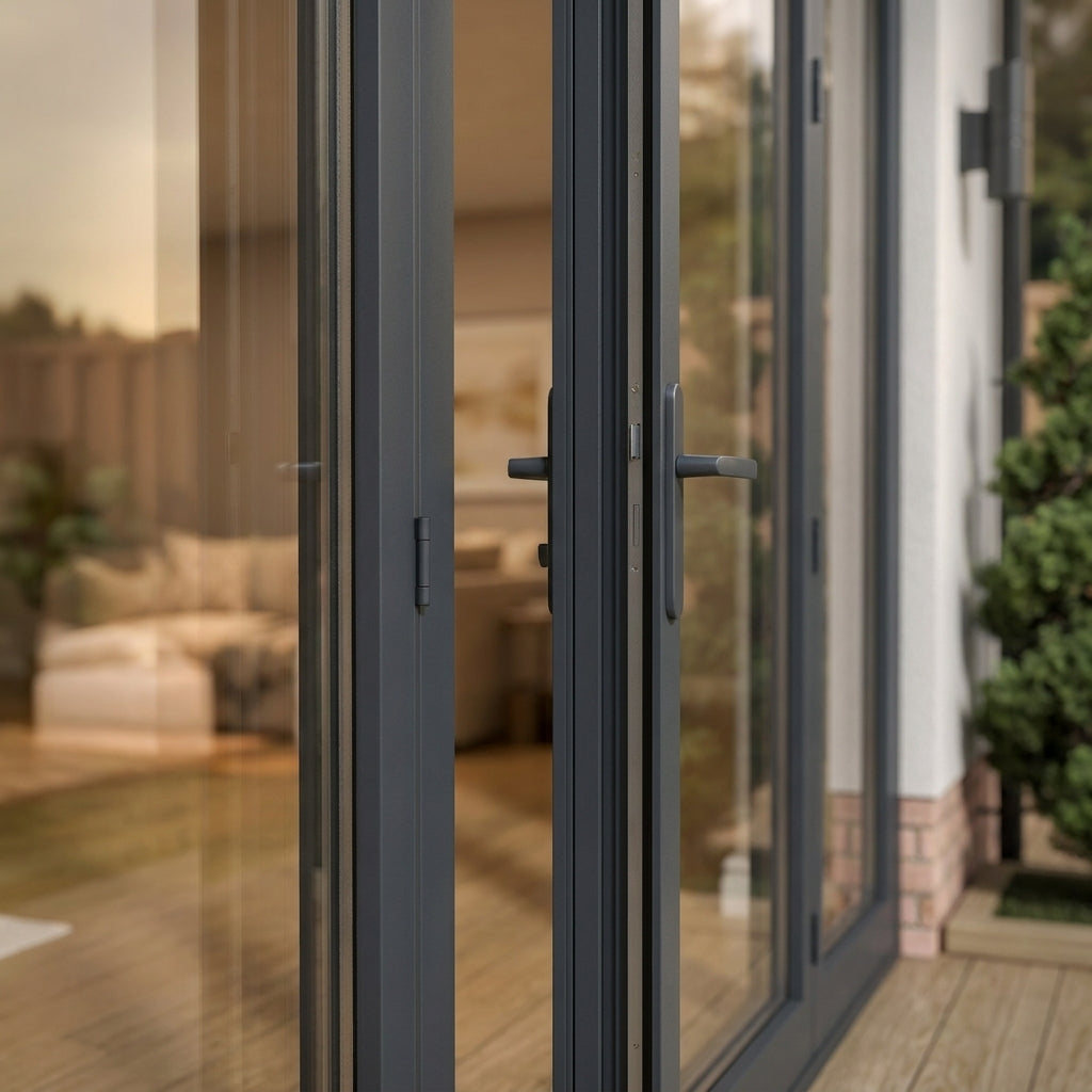 External Matt Grey Aluminium French Patio Door with Clear Glass Sidelights - detail view