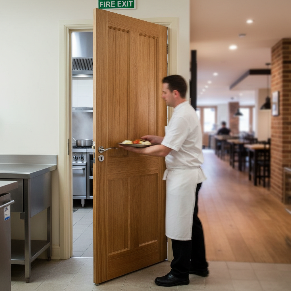 Premium FD30 Fire Door with Engineered Solid Core Construction and Unfinished Oak Veneer for Customization