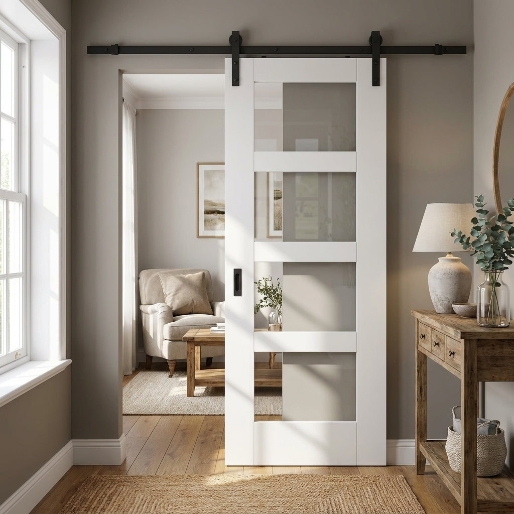 Internal White Sliding Door with 4 Light Clear Glass, Primed Shaker Design