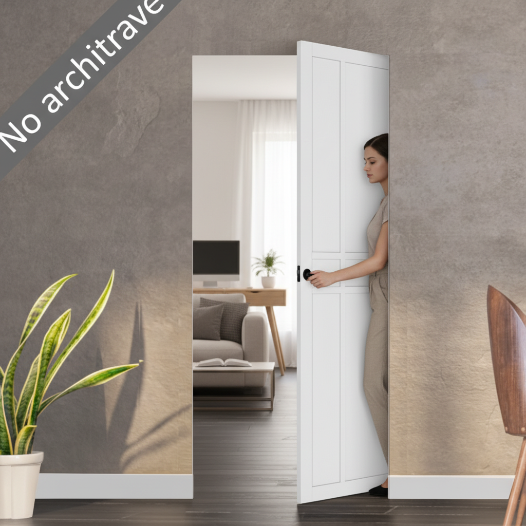 Premium White Primed Flush Pocket Door Set - Space-Saving Design with No Bottom Track and Adjustable Door Stops