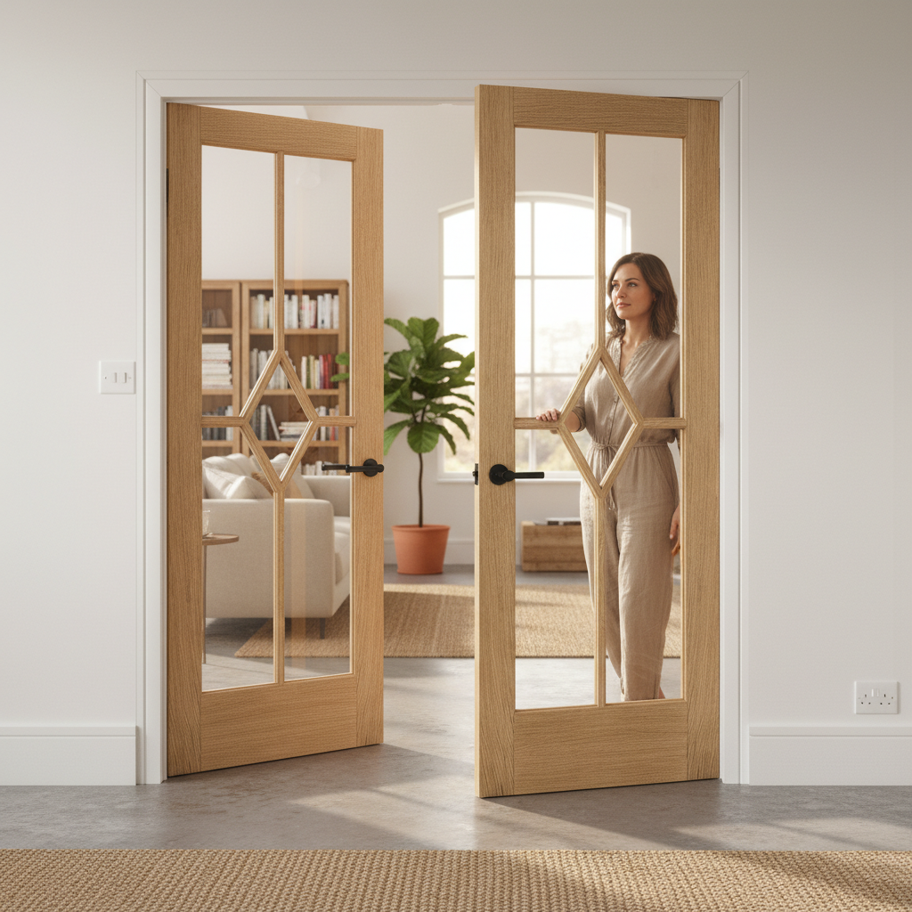 Premium Fully Finished Glazed French Doors with Unique Diamond Design for Sophisticated Home Aesthetics