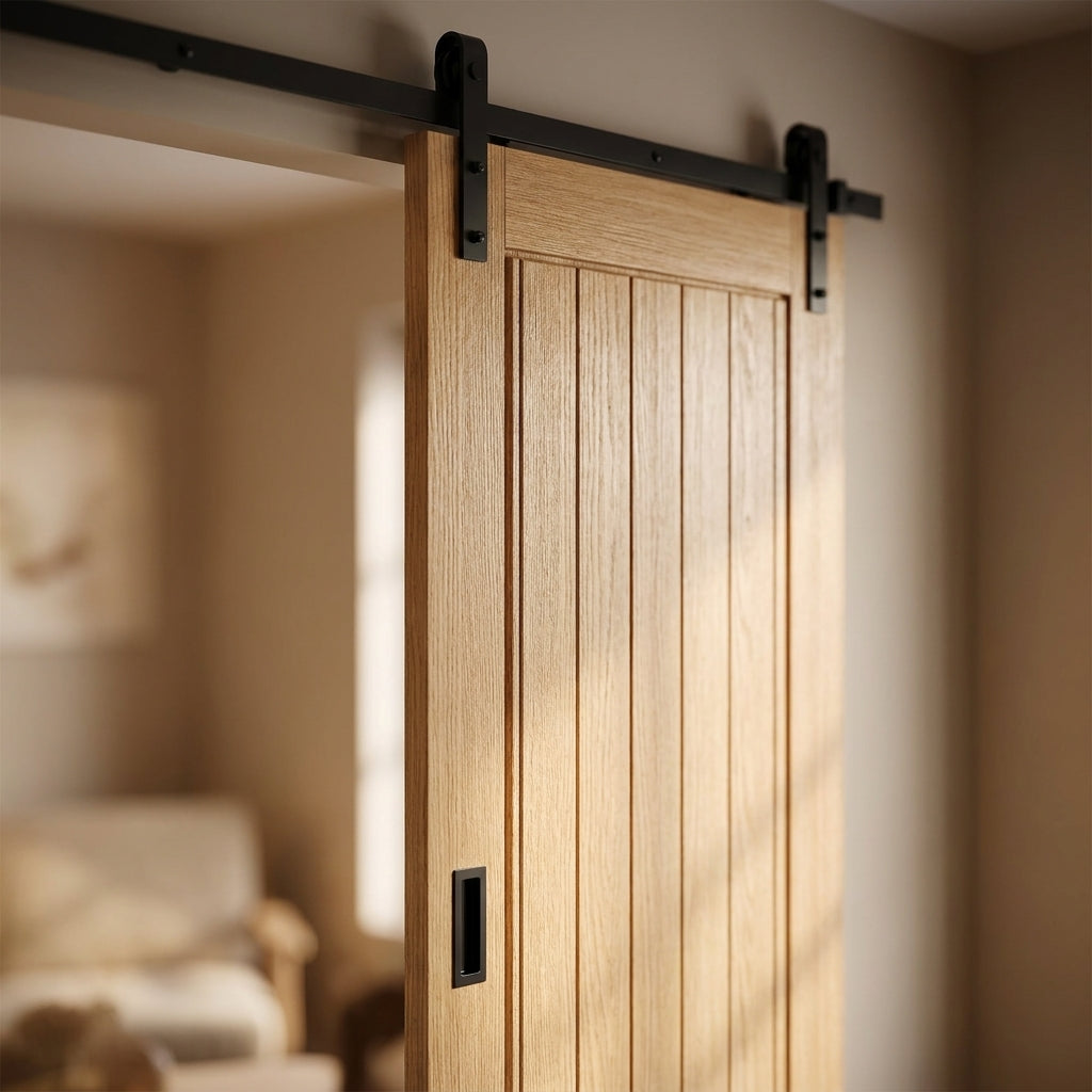 Oak Internal Sliding Door Unfinished Black Face Mounted Farley - detail view