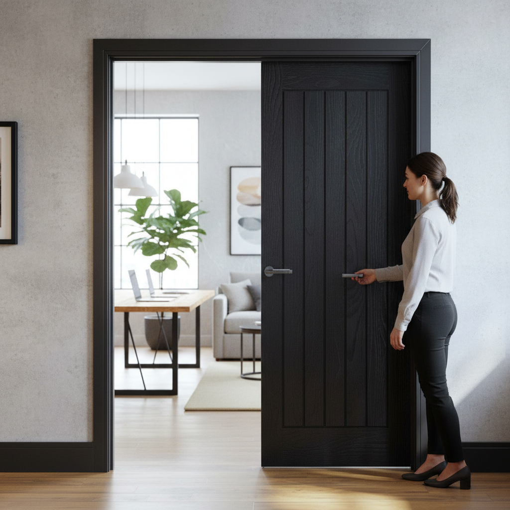 Premium Brushed Black Oak Internal Door Pair with Vertical Grooves and Solid Core for Strength and Stability