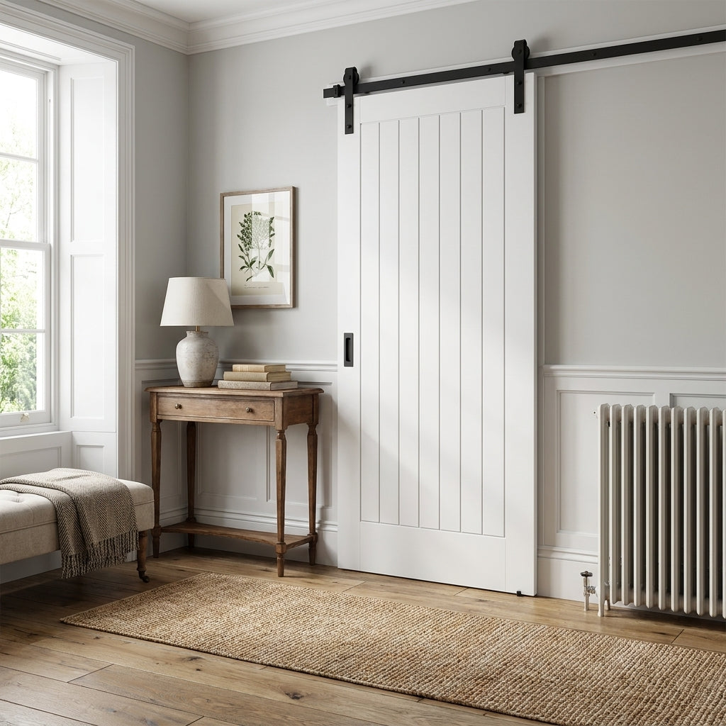 Cottage 1 Panel White Internal Sliding Door, Primed, Black Face Mounted