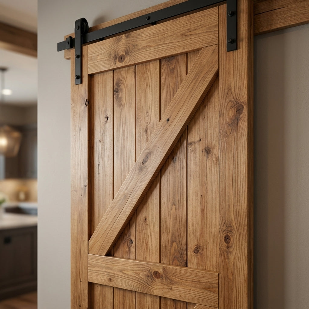 Internal Sliding Barn Door, Carbonised Pine, 1 Panel, Black Top Mounted - detail view