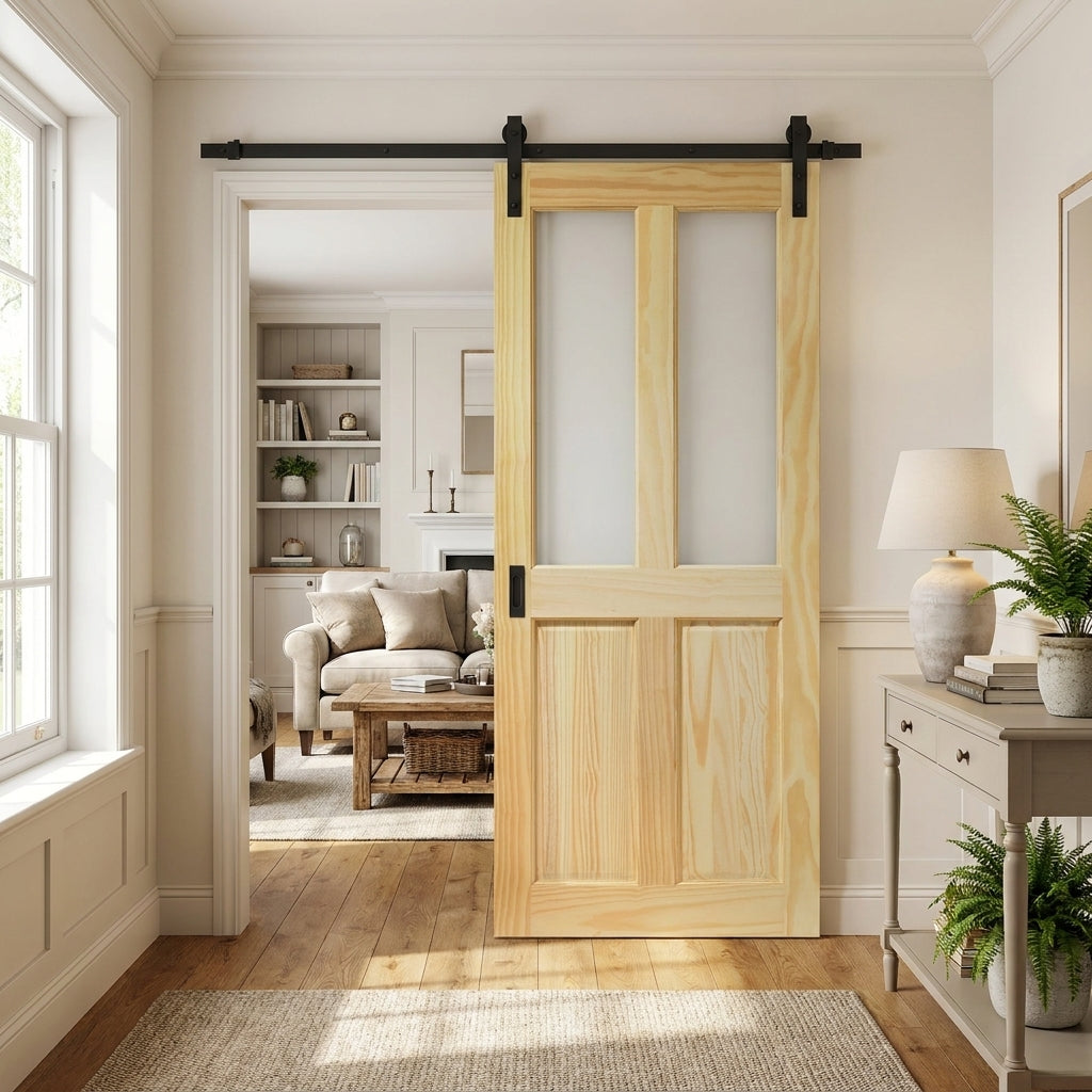 Internal Sliding Door Pine Unfinished 2 Panel 2 Light Obscure Glass