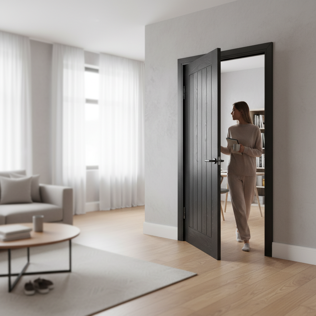 Premium Brushed Black Oak Internal Door with Vertical Grooves, Solid Core, and 10-Year Guarantee