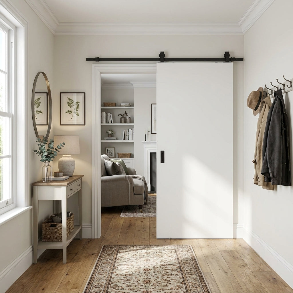 White Internal Sliding Door, Primed Finish, Flush Design, Black Top Mounted