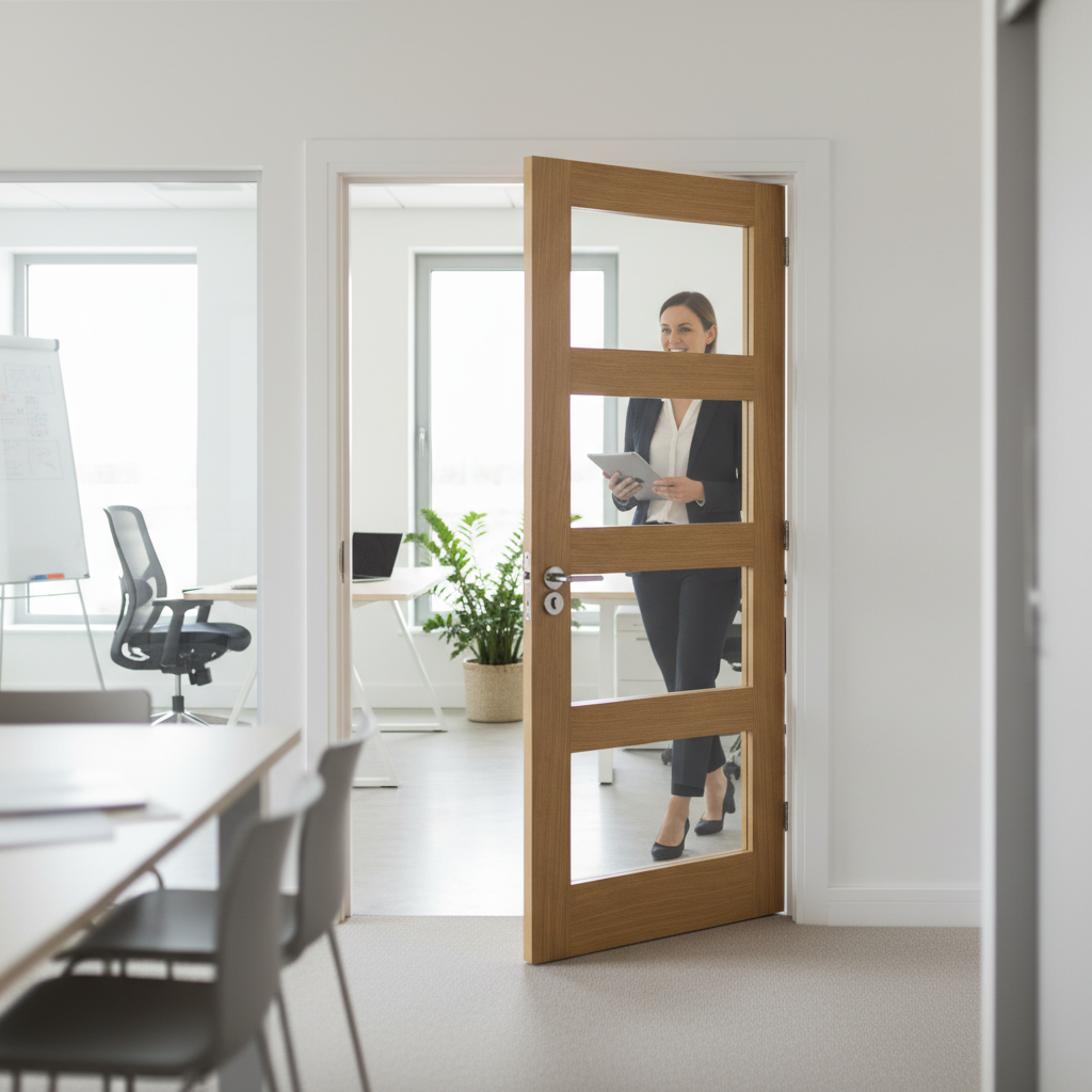 Premium Oak Internal Door with Clear Tempered Glass, Engineered Core, and Customizable Finishing Options