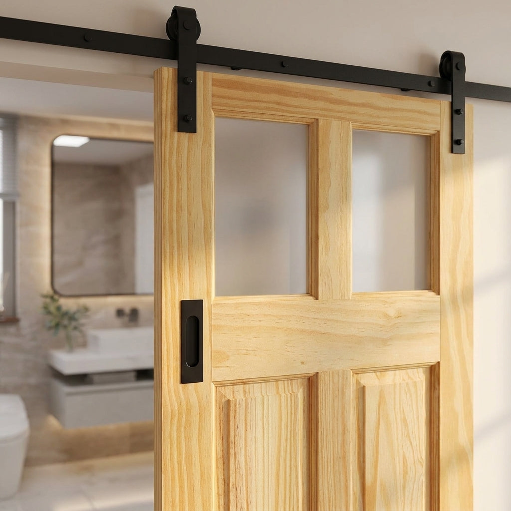 Sliding Internal Clear Pine Door Unfinished 2 Panel 2 Light Obscure Glass - detail view