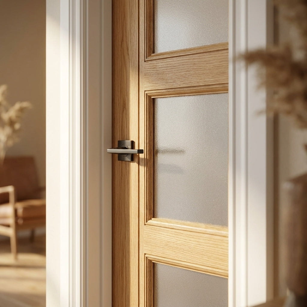 Shaker 4 Light Obscure Glass Oak Internal Door Unfinished Surface - detail view