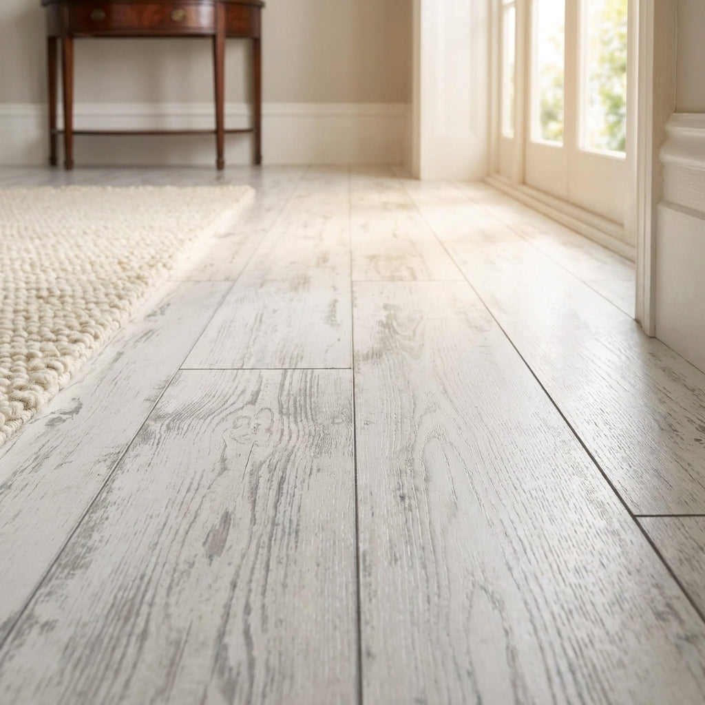 8mm High Gloss Laminate Flooring in Antique White with 4V Bevel Edge - detail view