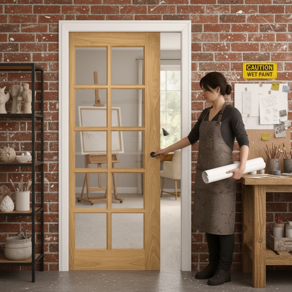 Premium Oak Clear Glazed Pocket Door Set with Galvanised Steel Frame and Adjustable Mechanism for Space-Saving Solutions