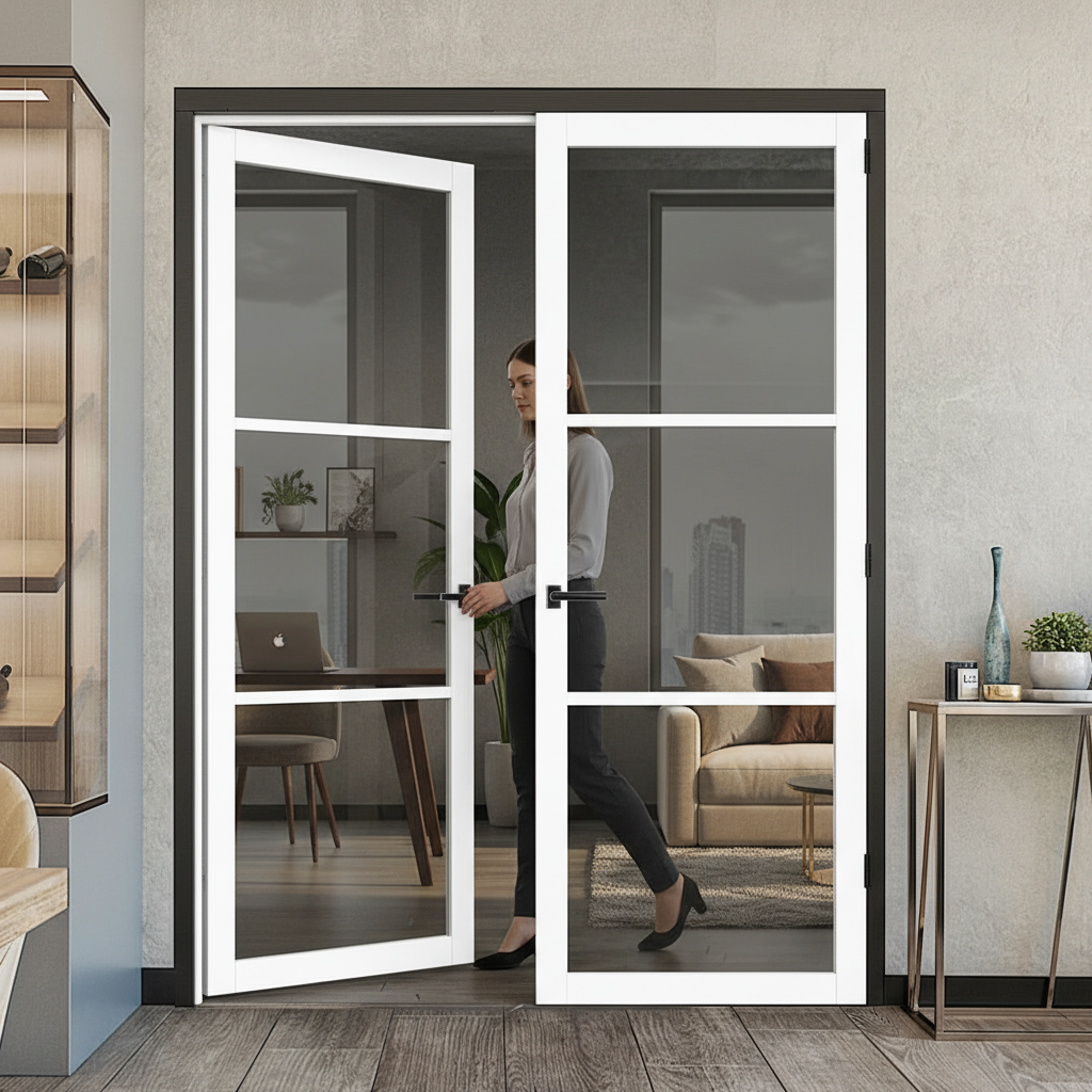 Premium Custom Made 3L White Tinted Glazed Industrial Style Door Pair with Solid Softwood Core and 10-Year Warranty