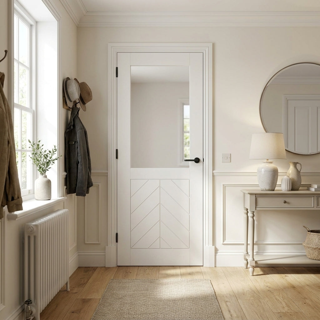 Internal White Door with Chevron Clear Glass, Primed, Solid Core