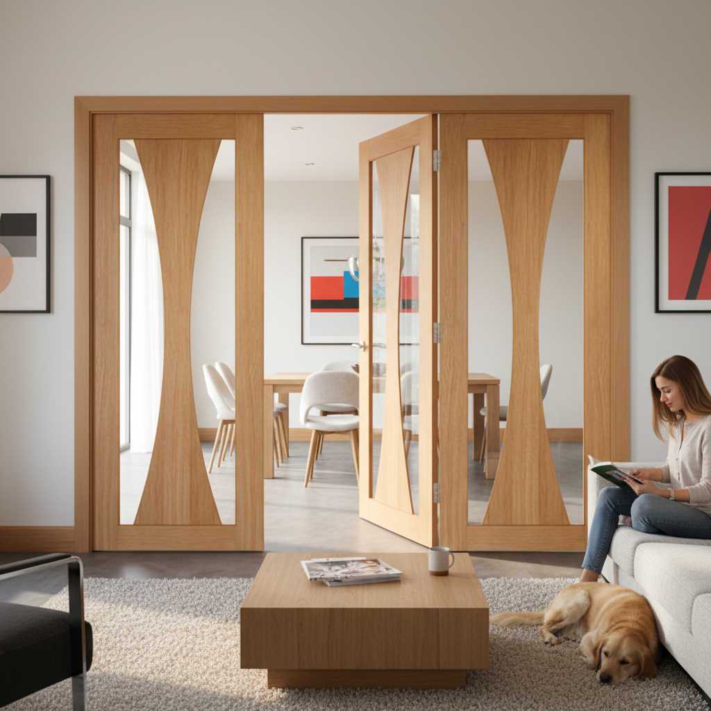 Premium Oak Door Room Divider with Clear Glazed Side Panels for Flexible Space Solutions