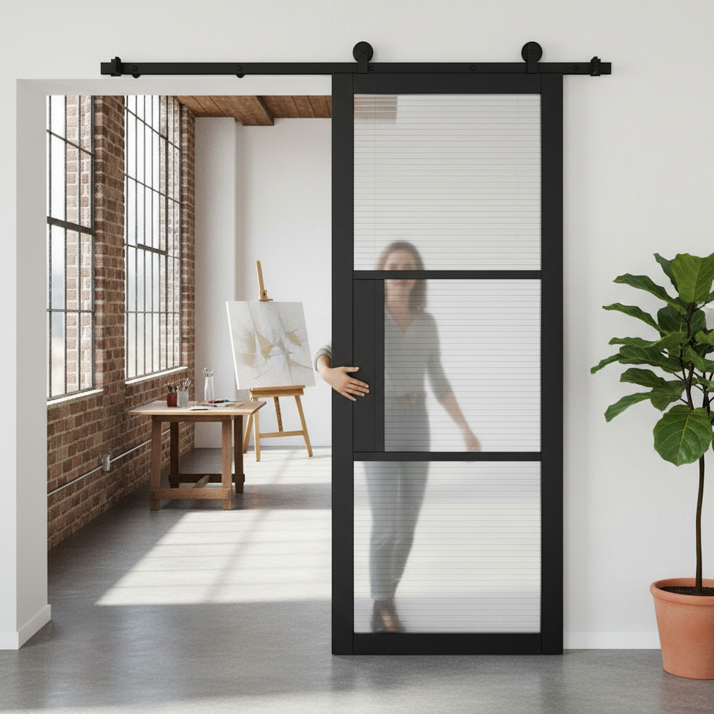 Premium Sliding Door System with Top Mount Track, Soft Close, and Black Reeded Glazed Finish - Ideal for Barn Conversions