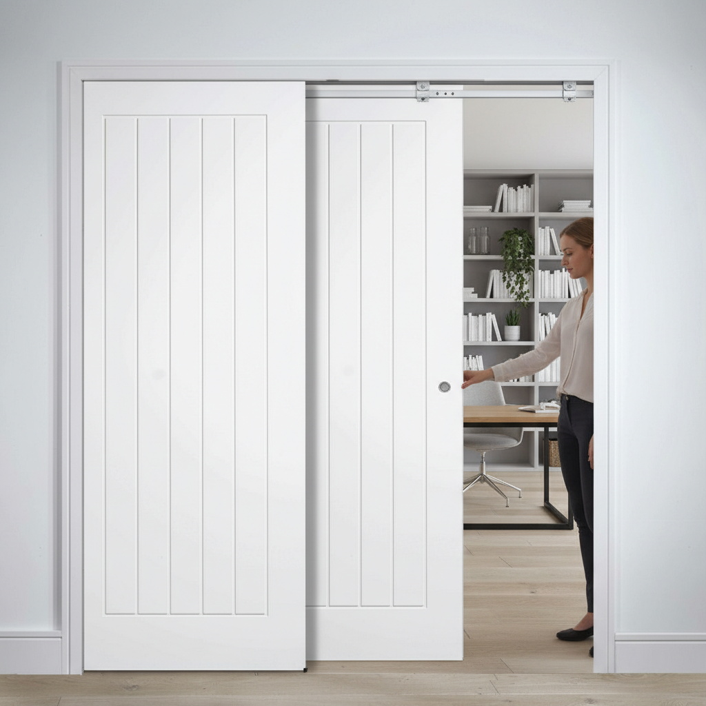 Premium White Telescopic Pocket Door System with Dual Sliding Panels, Adjustable Stops, and Comprehensive Timber Lining Kit