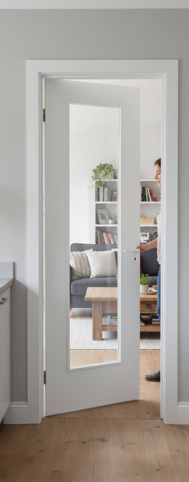 Premium White Door with Clear Safety Glass and Contemporary Aluminium Inlays for Modern Interiors