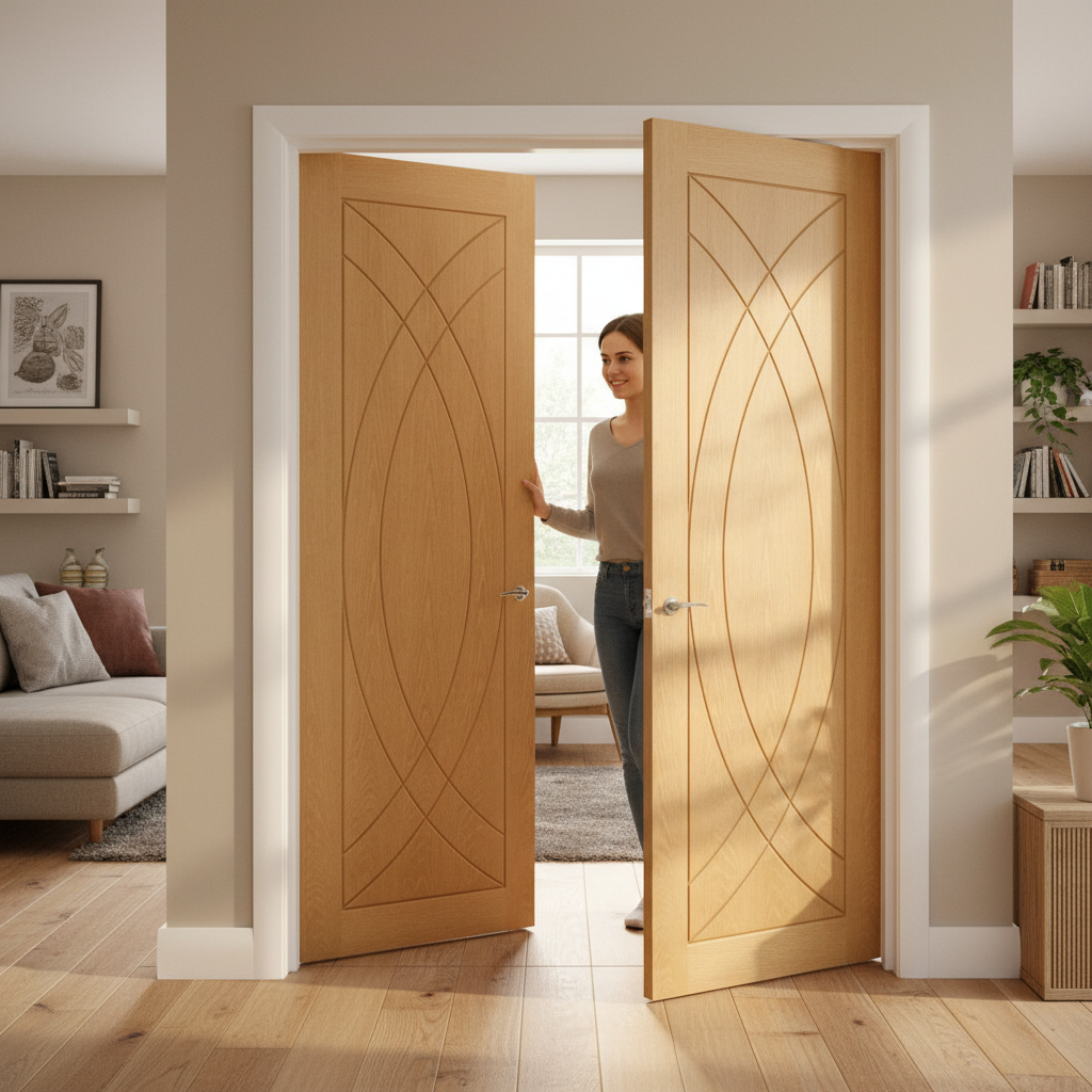 Premium Custom Made Oak French Doors with Contemporary Curved Design and Deep U Grooves