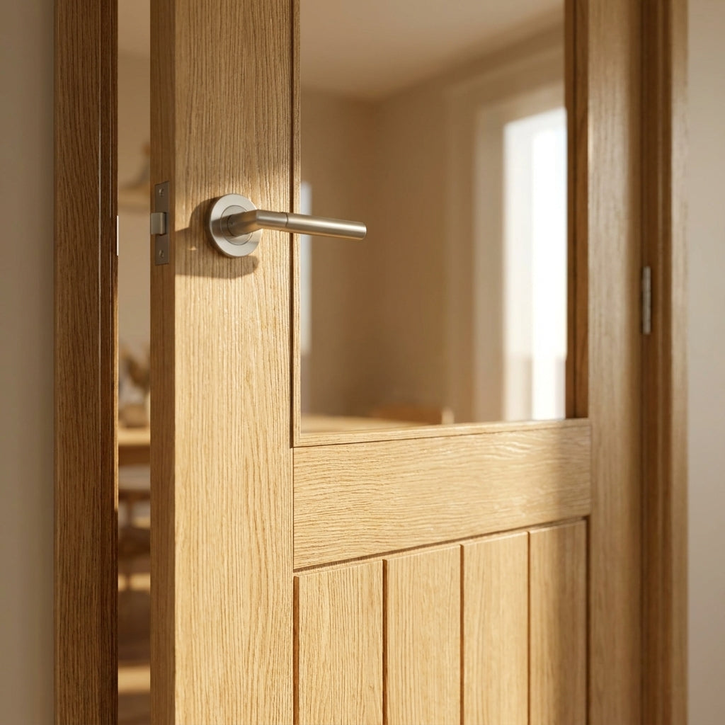 Made-to-Measure Internal Oak Door with 1 Light Obscure Lined Clear Glass - detail view