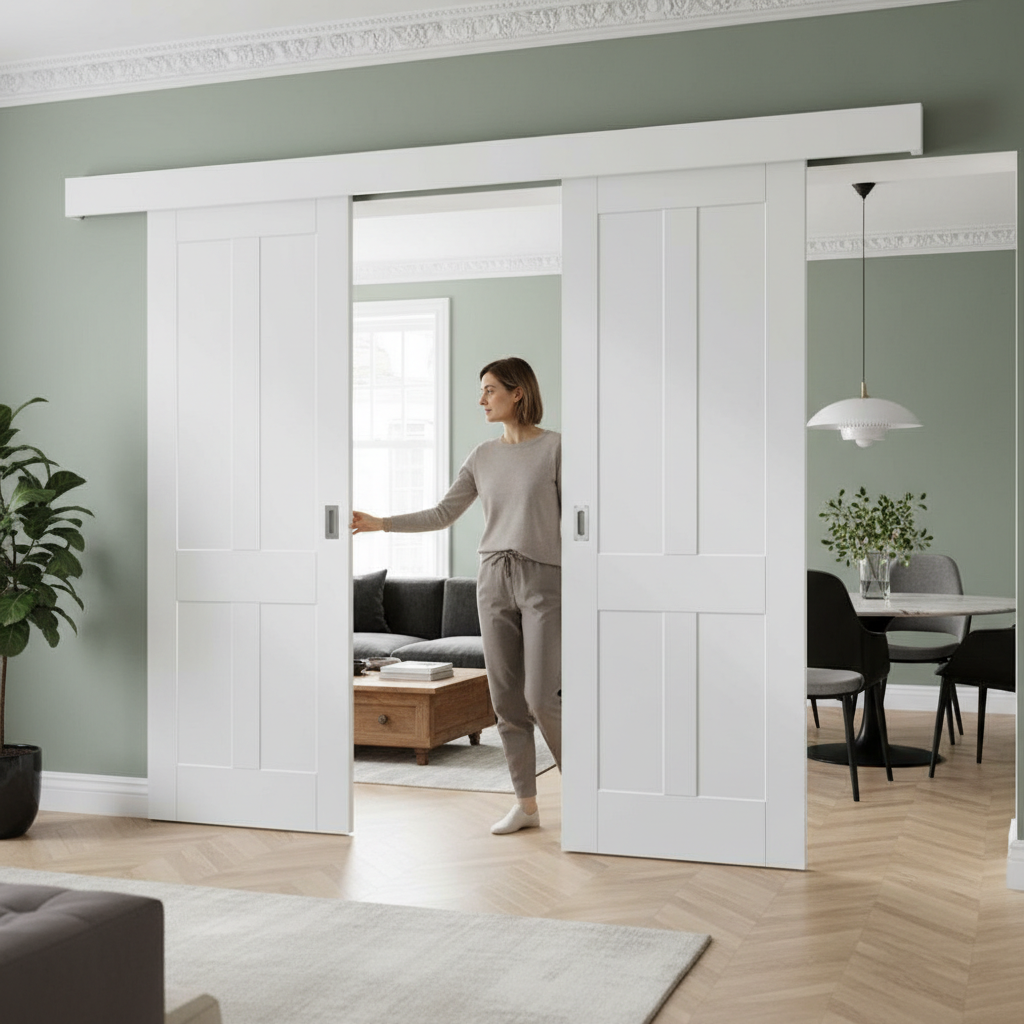 Premium Double Sliding Door System with White Victorian Shaker Doors and Track Mechanism for Easy Installation