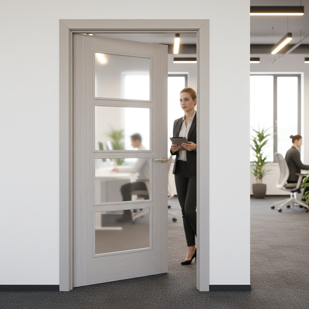 Premium Contemporary Light Grey Internal Door with Clear Glazed Panels and Engineered Construction for Enhanced Durability