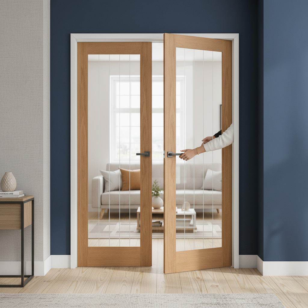 Premium Internal Oak Fully Finished Pair Door with Obscure Lined Glass Panel for Natural Light and Privacy