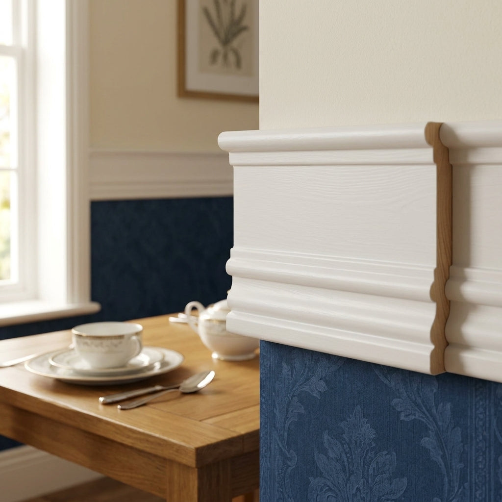 Decorative Moulding 18mm x 90mm, White Painted, 2.4m Length - detail view