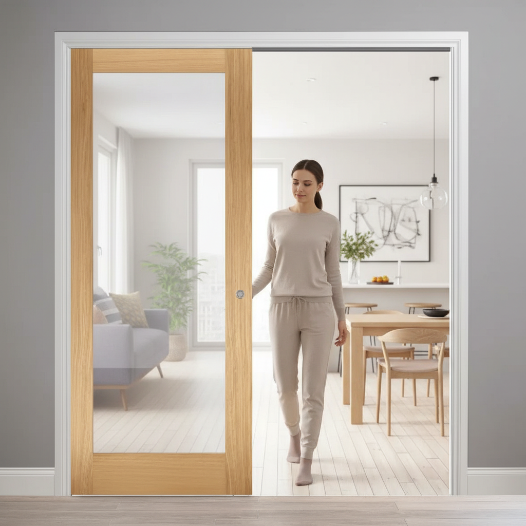 Premium Clear Glazed Telescopic Pocket Door System with Wooden Jamb Kit and Adjustable Features for Maximum Space Efficiency