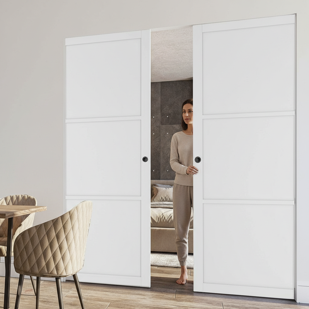 Premium 3 Panel White Double Flush Pocket Door Set with No Bottom Track for Modern Spaces