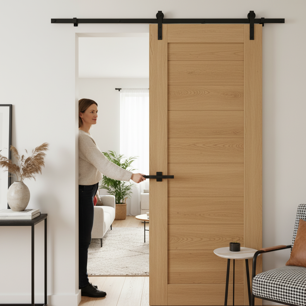 Premium Oak Internal Fully Finished Sliding Door with Black Top Mounted Kit – Sleek Contemporary Design for Modern Interiors