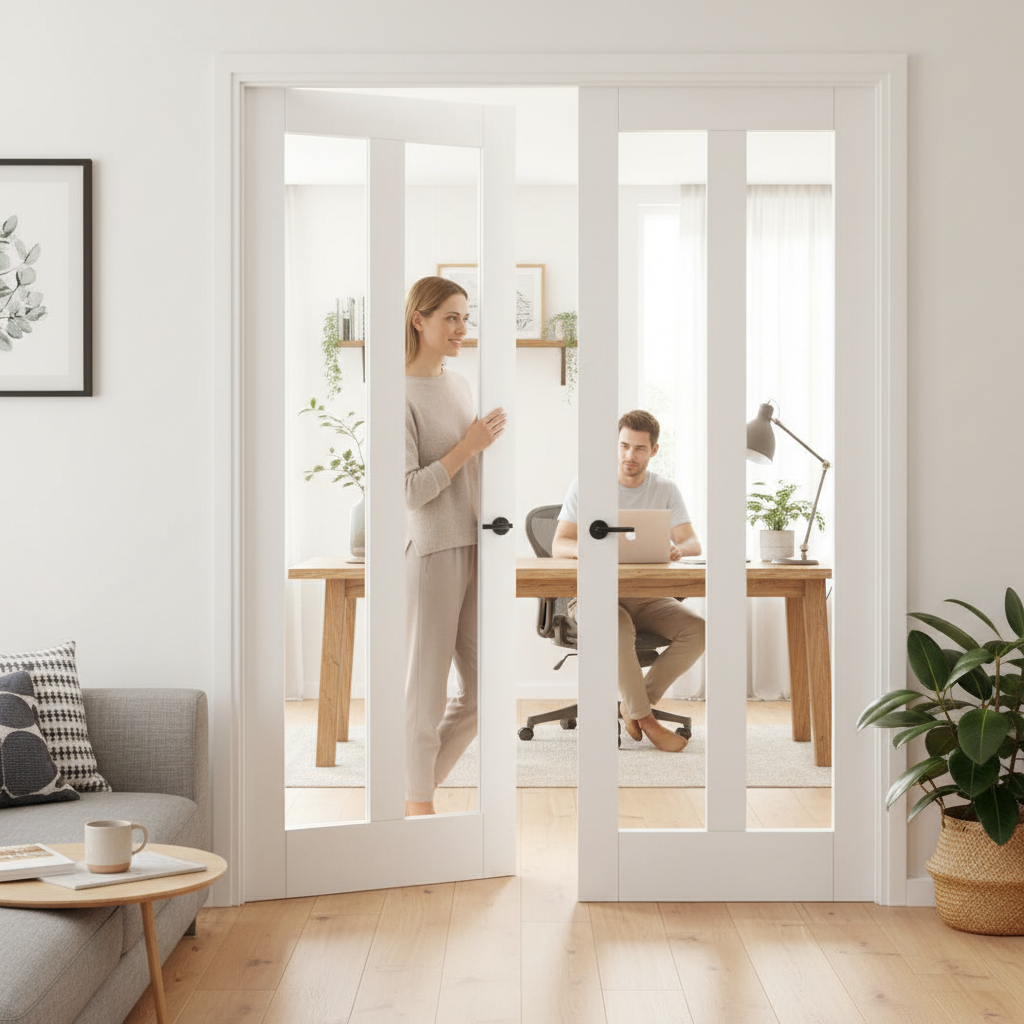 Premium White Primed Shaker Style Clear Glazed Internal Door Pair with Solid Core Construction and FSC Certification