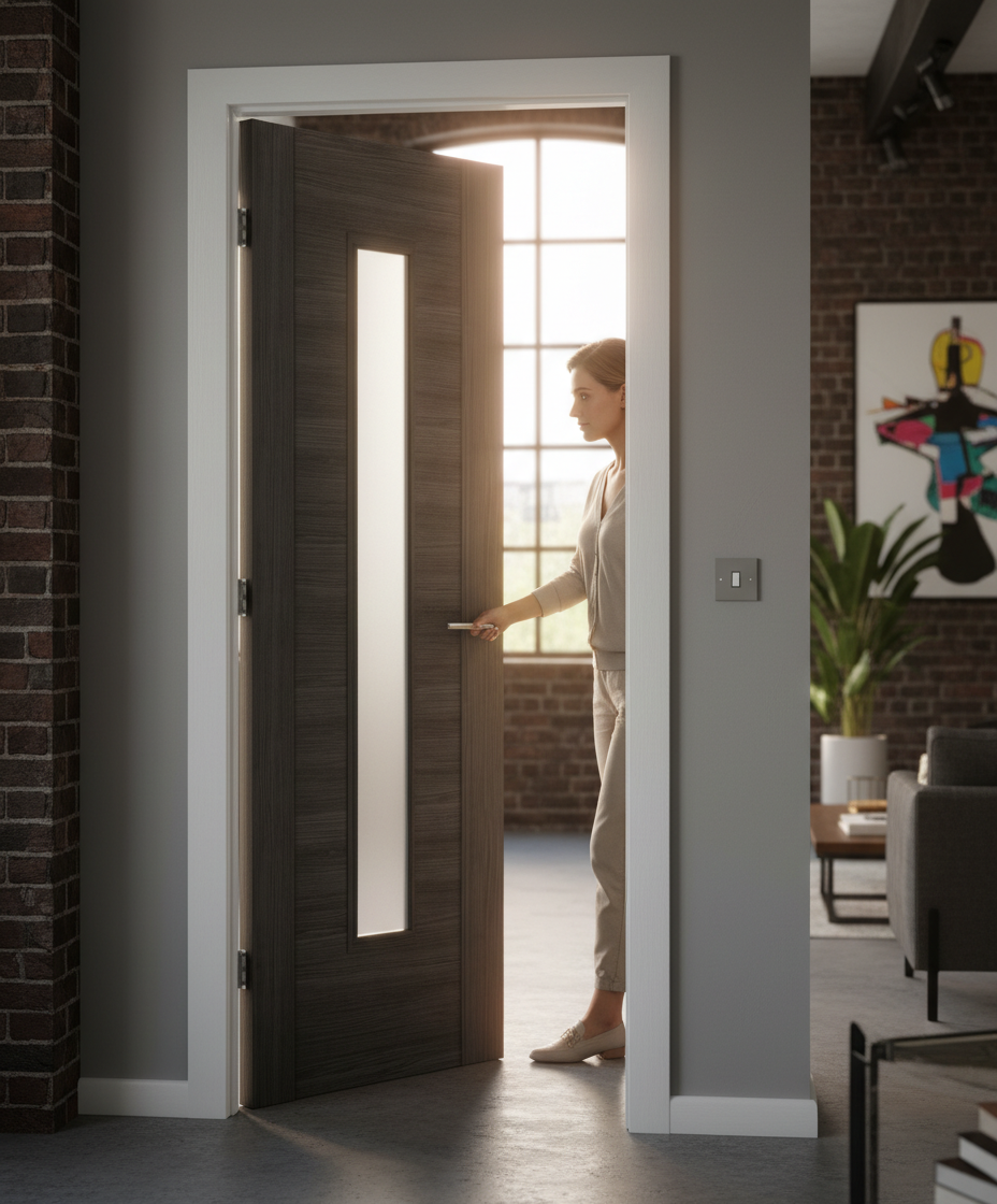 Premium Contemporary Laminate Fire Door with Clear Safety Glass and Dark Grey Walnut Effect Finish