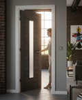 Premium Contemporary Laminate Fire Door with Clear Safety Glass and Dark Grey Walnut Effect Finish