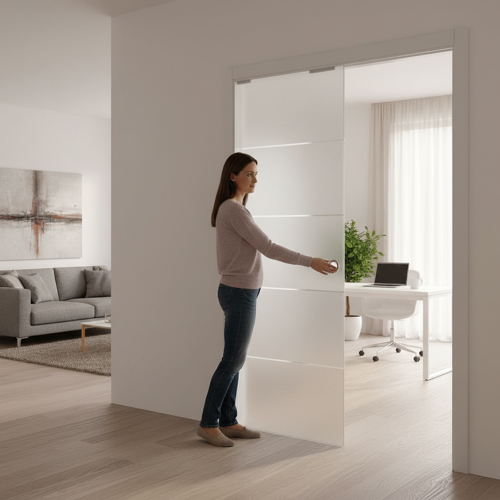 Premium Striped Satin Glass Pocket Door System with Classic Frame - Space-Saving Design for Maximum Light and Style