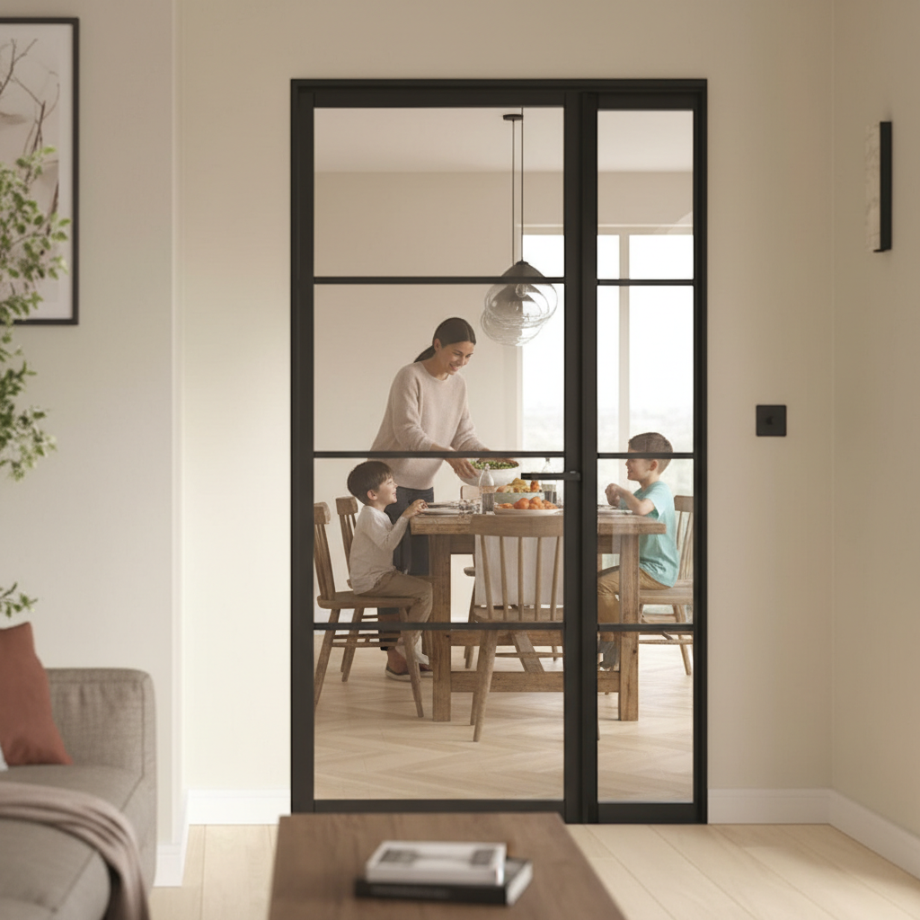 Premium Industrial Style Offset French Doors with Demi Panel - Large Glass Panes for Modern Design and Light Entry