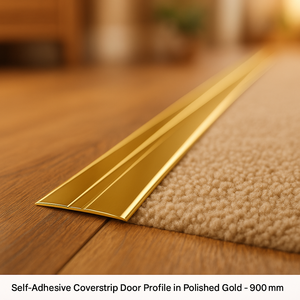 Self-Adhesive Coverstrip Door Profile in Polished Gold - 900mm - detail view