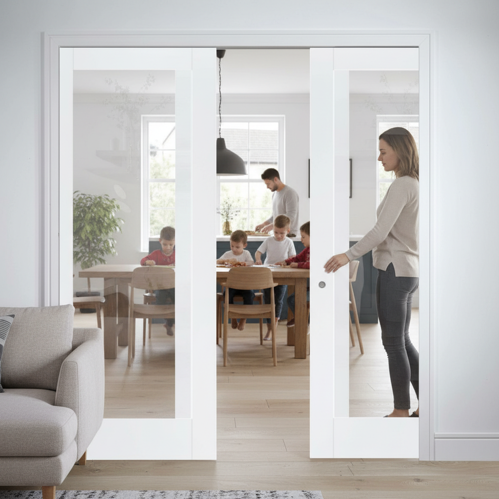 Premium Clear Glazed Telescopic Pocket Door System with Wooden Jamb Kit and 15-Year Guarantee